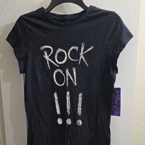 Miley Cyrus & Max Azria Black Tee with White "Rock On" Graphic Size XL